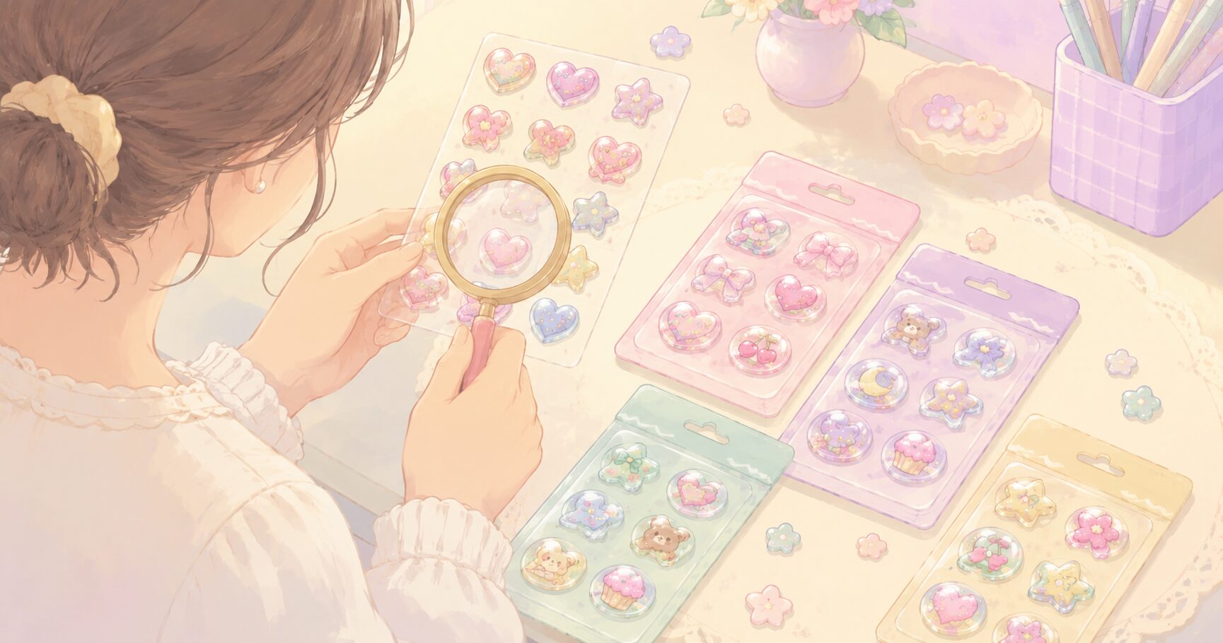 シールを虫めがねで確かめるイメージ