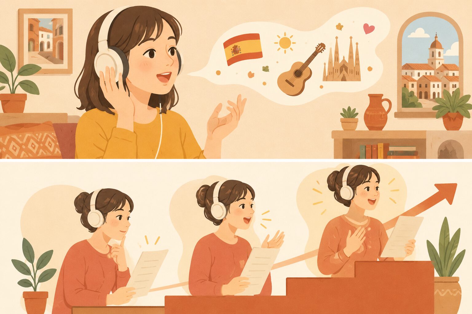 スペイン語シャドーイングのやり方を練習する女性
