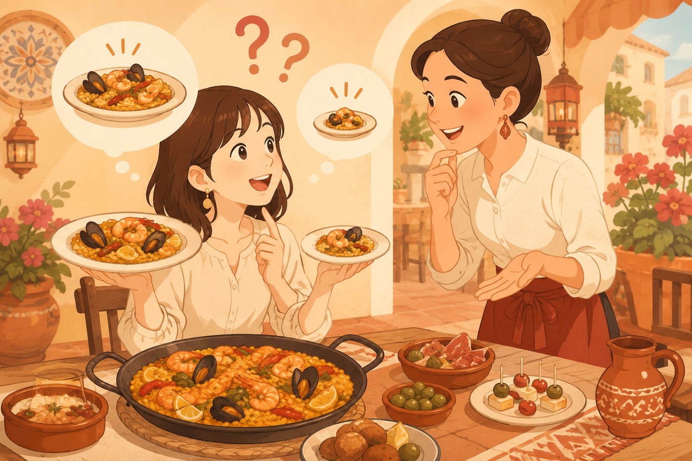 レストランで料理の大きさを比べて質問する女性
