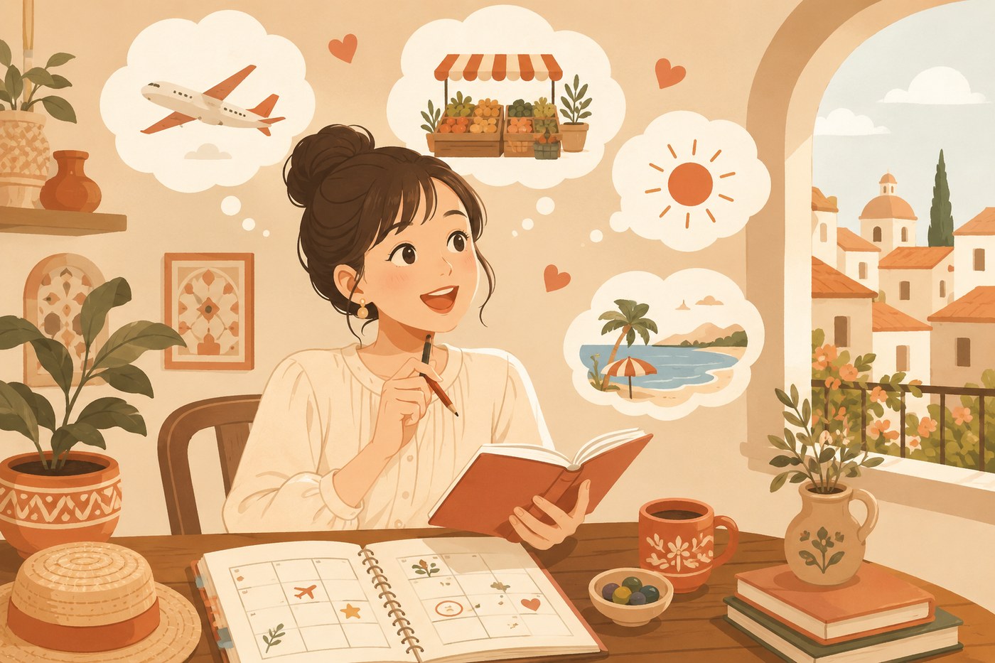手帳で旅行や週末の予定を計画する女性
