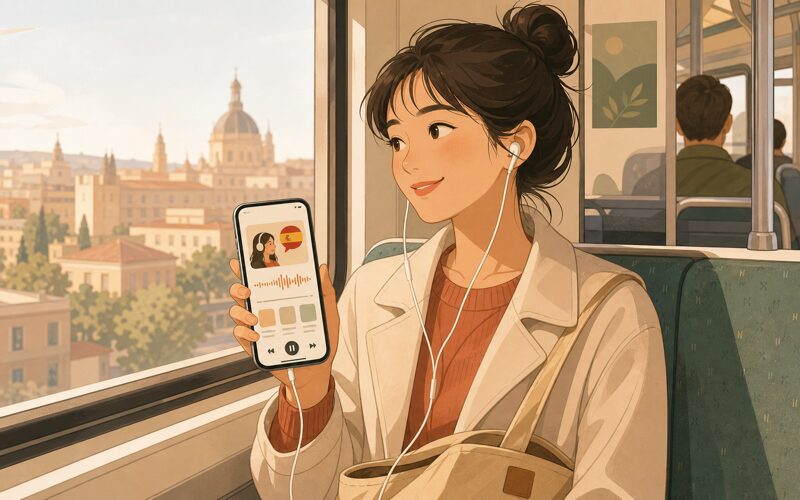 スペイン語Podcastを聴きながら通勤する女性