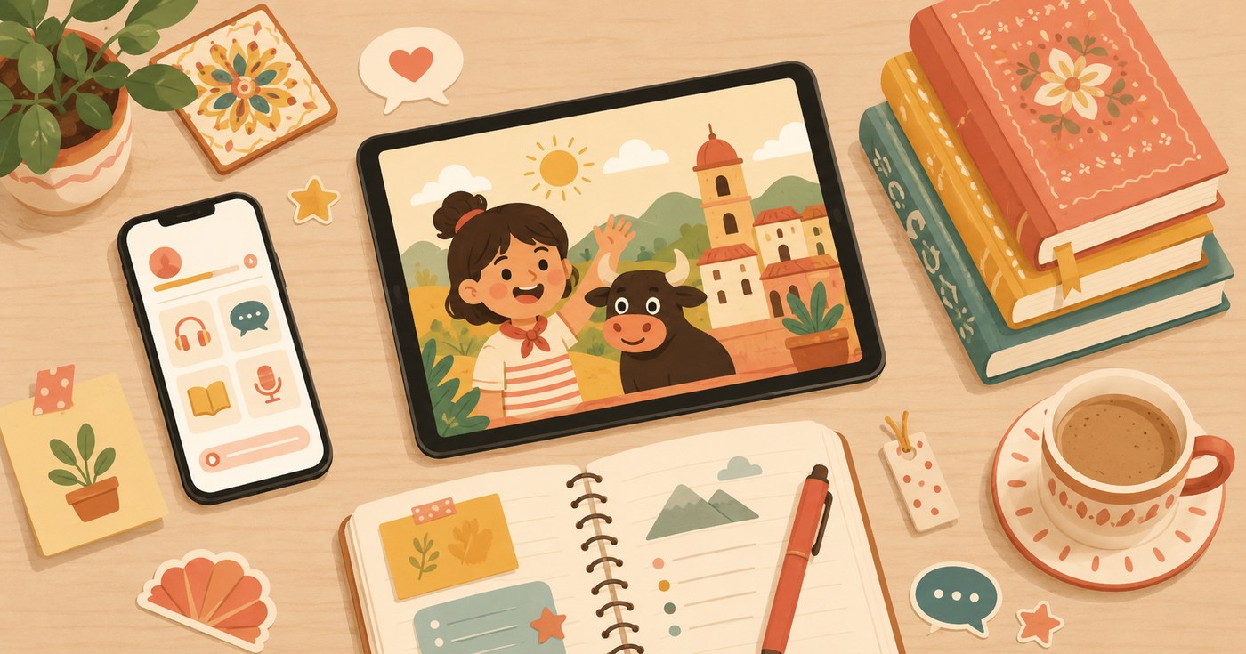 スペイン語のアプリ・本・動画など学習教材のコラージュ