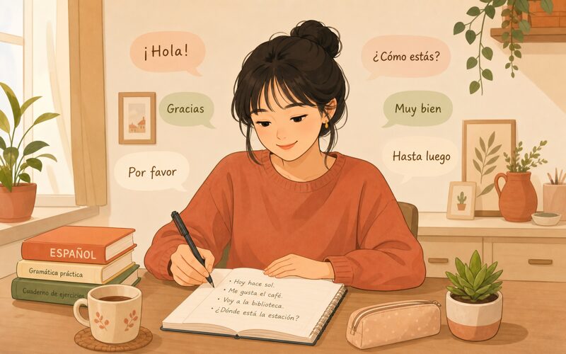 スペイン語をノートに書いて練習する女性