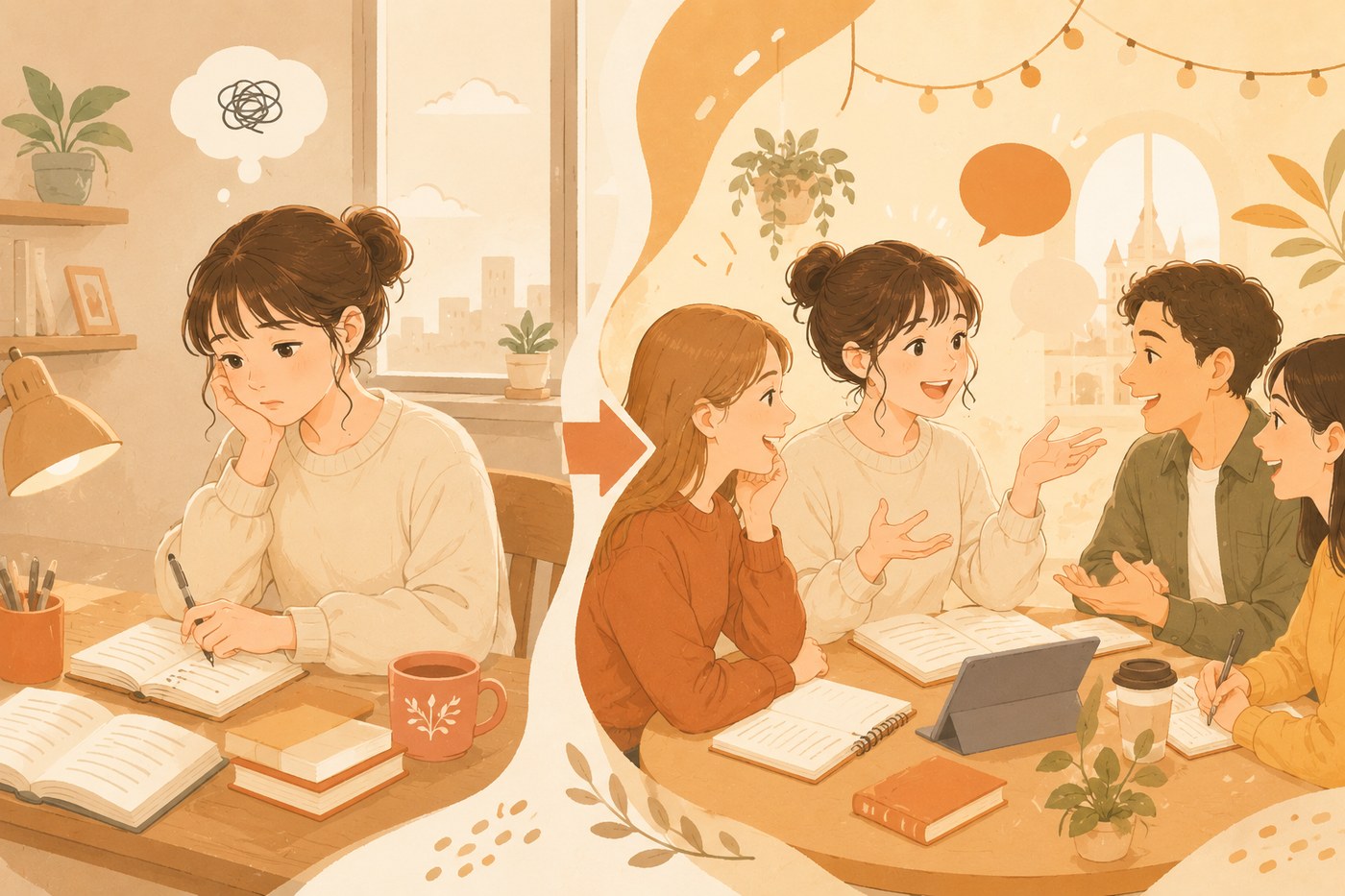 ひとりで学ぶ女性と仲間と楽しく学ぶ女性の対比