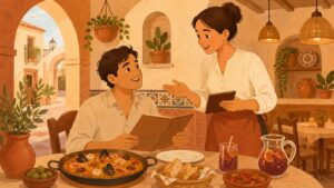 スペインのレストランでメニューを見て注文する旅行者