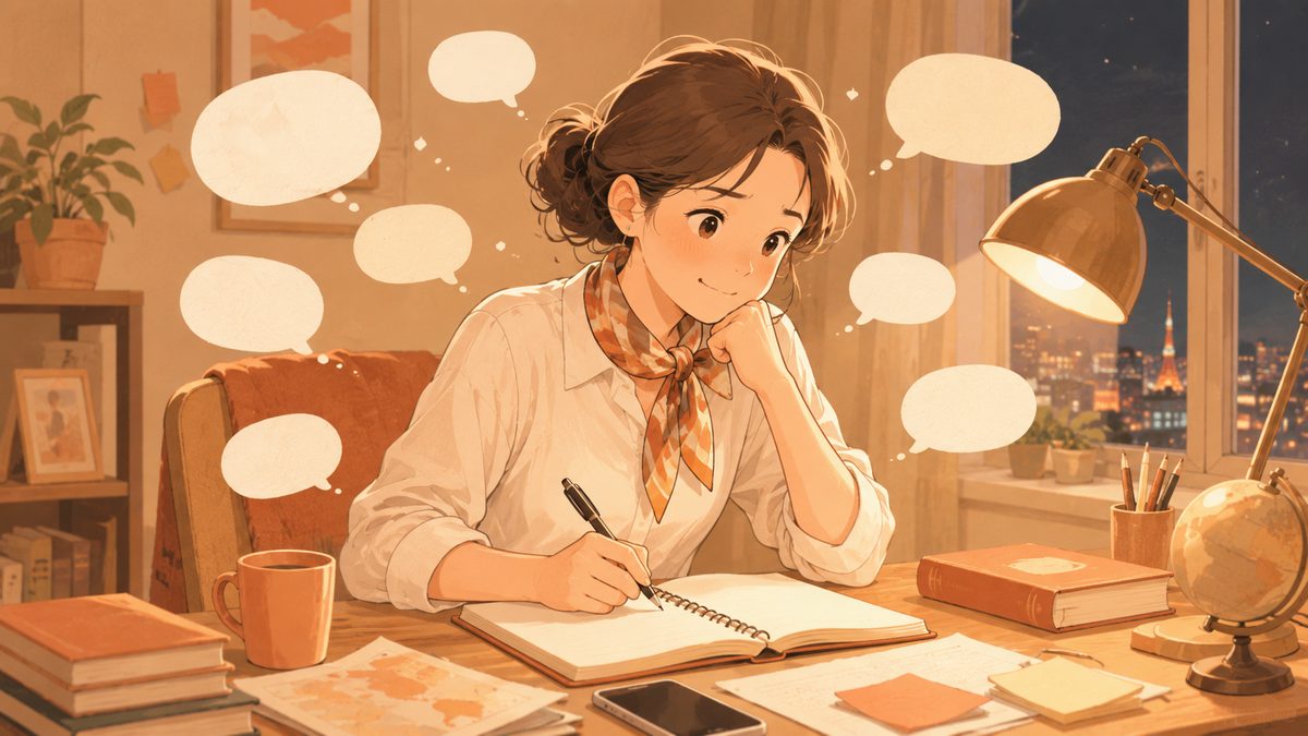 夜にノートへ言い回しを書きためるシーンのイラスト