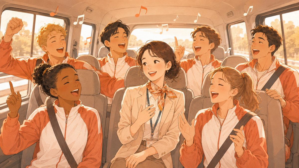 車内で選手たちが歌うように活用形を教えてくれたシーンのイラスト