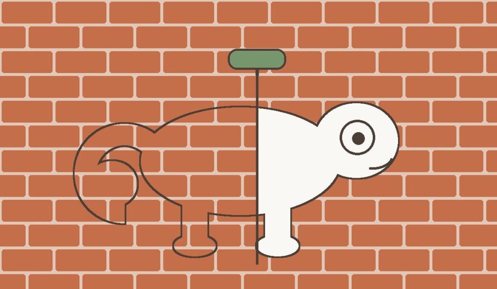 壁のレンガ模様に体を塗って擬態するカメレオンのイメージイラスト