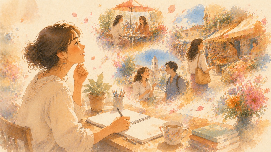ノートに目標を書き出すと場面が浮かび上がる水彩風イラスト