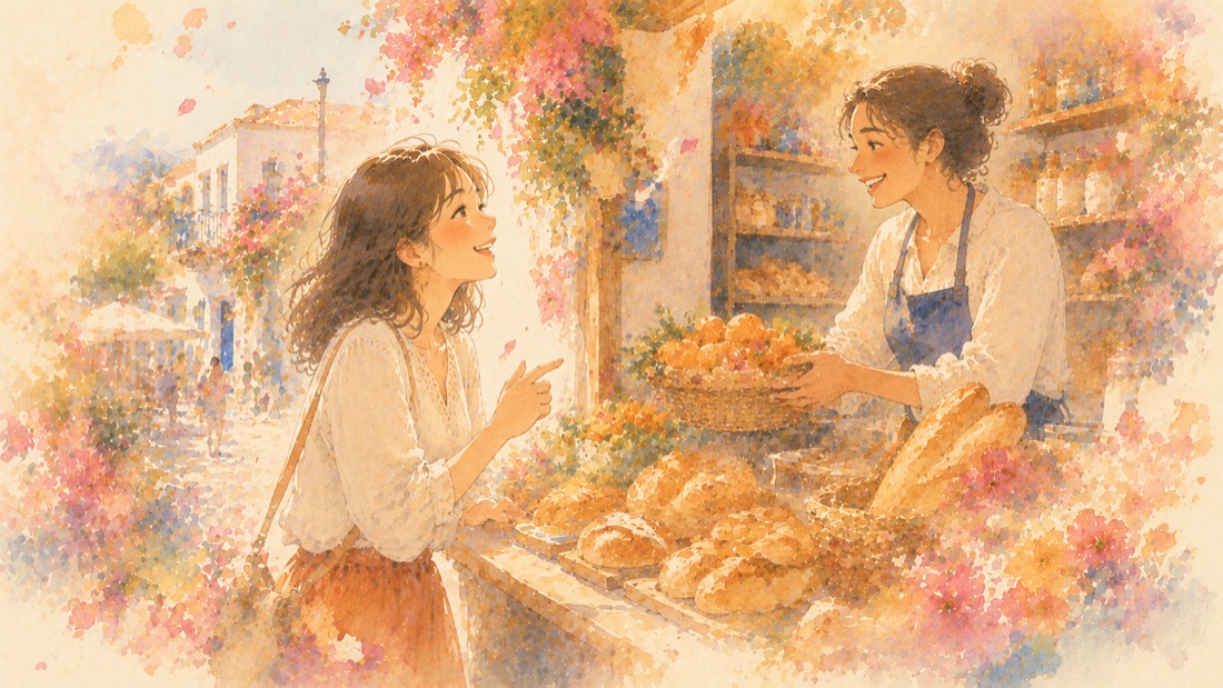 旅先のパン屋で笑顔で注文する女性の水彩風イラスト