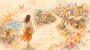 やわらかな道の先に旅先の街並みが広がる水彩風のイラスト