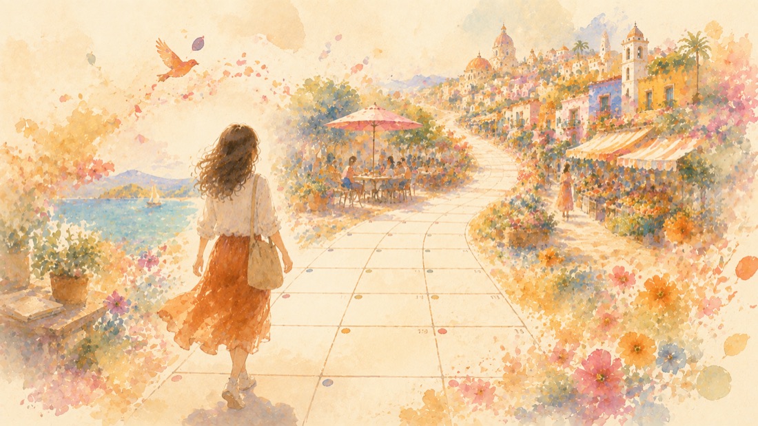 やわらかな道の先に旅先の街並みが広がる水彩風のイラスト