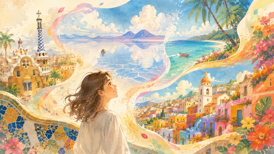 スペインと中南米の風景が夢のように重なり合う水彩風のイラスト