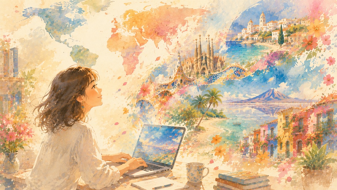 パソコンの画面から世界の風景が広がる水彩風イラスト