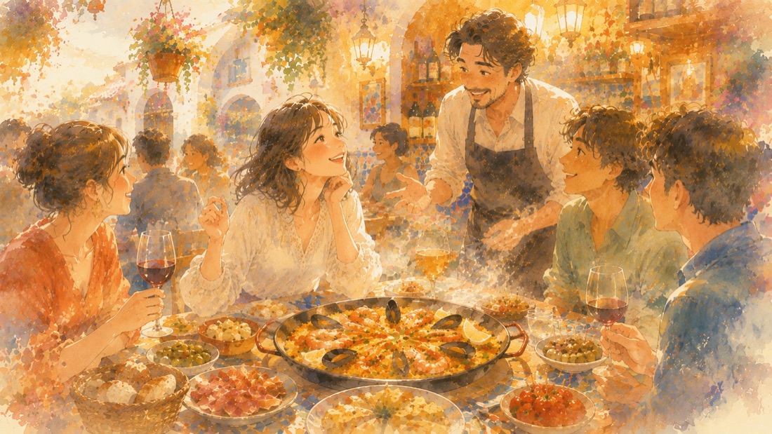 スペイン料理の店でパエリアを囲む人たちの水彩風イラスト