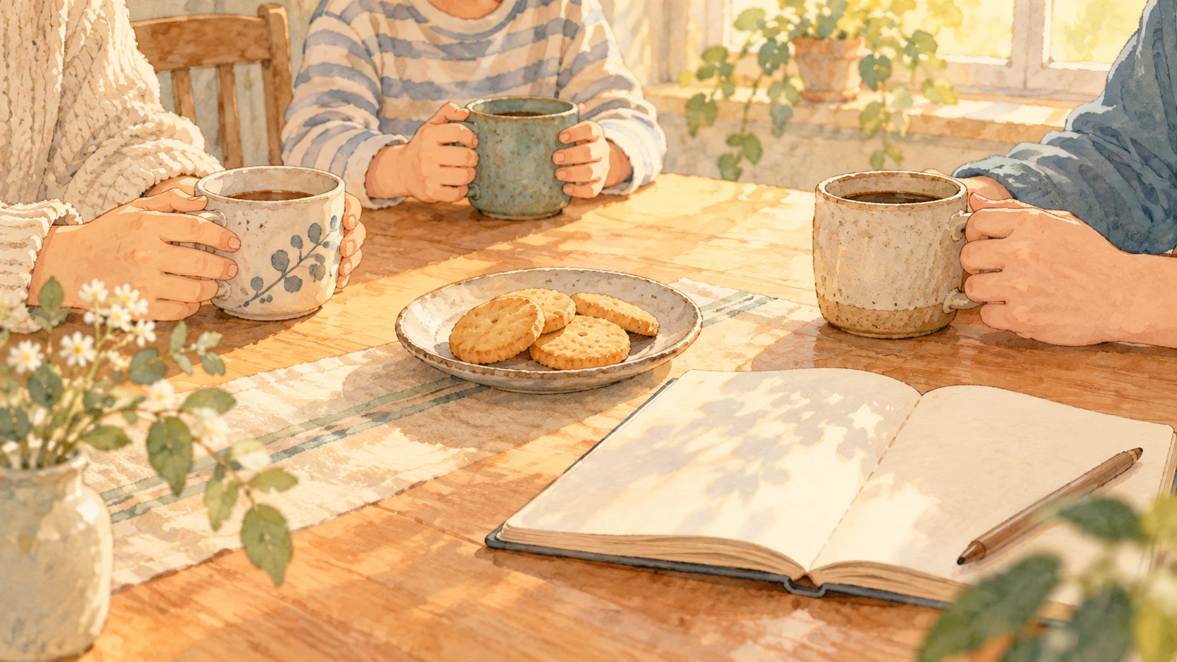 家族で飲み物とお菓子を囲む、日常の小さな幸せのイメージイラスト